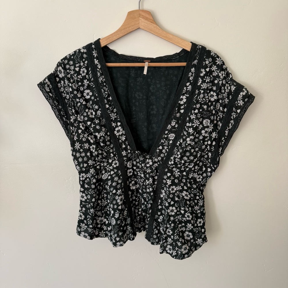 Free People Navy and White Floral Blouse